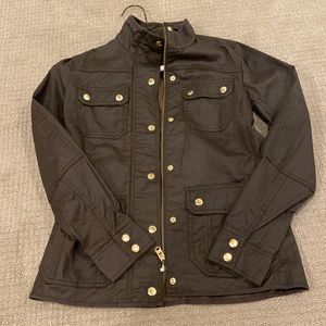 NWOT J Crew shell jacket.  Brown/green coated with gold snaps.  Size XXS